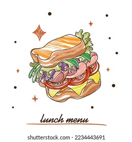 Sandwich with lettuce, ham and tomato, lunch menu, colorful illustration in doodle style