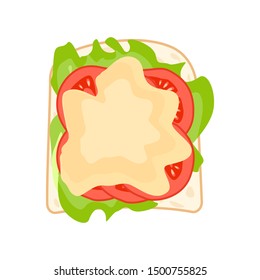 sandwich with lettuce and tomato and cream cheese on bread top view, simple vector illustration