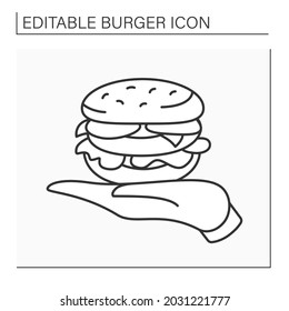 Sandwich line icon. Tasty burger on palm. Burger presentation to visitors. Popular dish. Fast food concept. Isolated vector illustration. Editable stroke