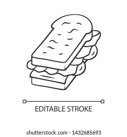 Sandwich linear icon. Fast food, breakfast, school lunch. Toasted bread. Cafe, restaurant snack, appetizer. Thin line illustration. Contour symbol. Vector isolated outline drawing. Editable stroke