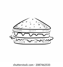 Sandwich in the linear style of hand drawing on a white background.Vector illustration
