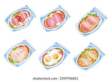 Sandwich lunch snack in plastic bag isolated set. Vector graphic design illustration
