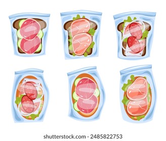 Sandwich lunch snack in plastic bag isolated set. Vector graphic design illustration