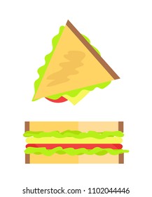 Sandwich made of bread, tomatoes and lettuce, snack collection, small slice in triangular form, vector illustrations set isolated on white background.