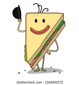 sandwich man with bacon holds hat and smiles
