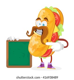 sandwich mascot character with big mustache stands near green menu boards