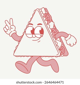 sandwich mascot character. walking character with vegetables and meat between slices of bread. retro style cartoon	