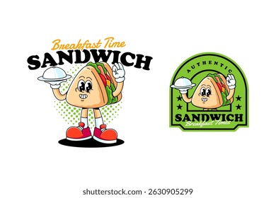 sanduíche com carne, queijo, legumes retro desenho animado personagem mascote ilustração com pé, ok mão e levar uma bandeja para restaurante, praça de alimentação, cafés, restaurantes, cantina mascotes e mercadoria