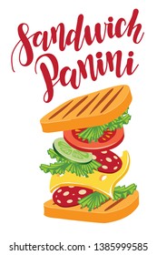 Sandwich with meat and cheese, and vegetables, vector icon. Lettering title.