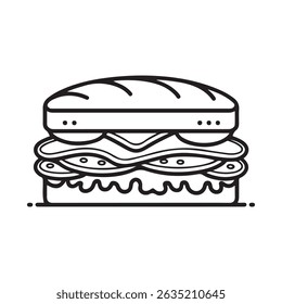 Sandwich with meat, lettuce and tomatoes line art vector icon for food apps and websites. Vector black silhouette. with white background
