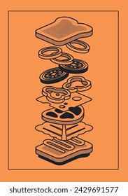 Sandwich with meat, tomato, cheese, cheese, onion, bread. vector illustration of line. horizontal poster orange background