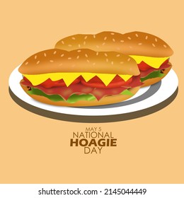 Sandwich Of Meats And Cheeses Stuffed Into A Split Long Roll Served On White Plate With Bold Texts, National Hoagie Day May 5