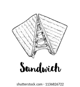 Sandwich with melted cheese. Grilled fast or street food. Lunch restaurant menu. Hand drawn sketch style illustration isolated on white background.