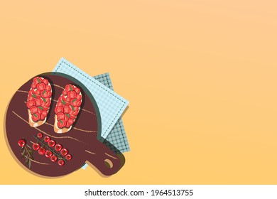 Sandwich with mini tomatoes on a cutting board. Bruschetta illustration. Vector illustration.