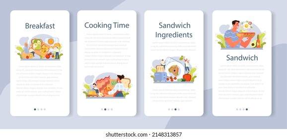 Juego de banners para aplicaciones móviles Sandwich. El desayuno se compone de varios sándwiches deliciosos. Tostadas con tocino, huevo, queso, ensalada y tomates. Delicioso tentempié a mediodía. Ilustración vectorial plana