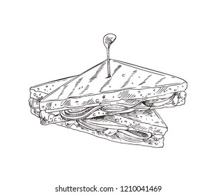 Sandwich monochrome sketch outline icon. Roasted bread with vegetables, salad leaves cheese and meat. Nutrition take away meal vector illustration