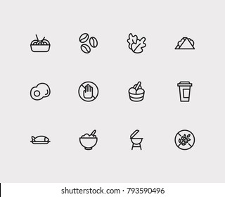Sandwich and nutrition icon line set with noodle, coffee and coffee bean. Set of nutrition icons including beverage for web app logo UI design.