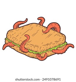 Sandwich with octopus tentacles. Hand drawn vector art in sketch style. Creative illustration for print, tattoo.