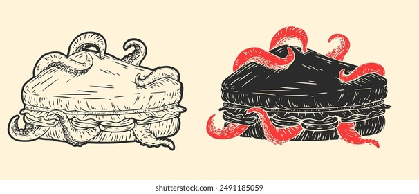 Sandwich with octopus tentacles. Hand drawn vector art in sketch style. Creative illustration for print, tattoo.