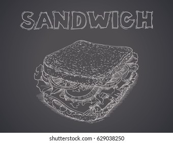 Sandwich on dark background, free hand drawing, sketch style