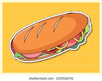 Sandwich on grid background cartoon illustration