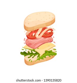 Sandwich on an oval piece of loaf with ham. Vector illustration on white background.