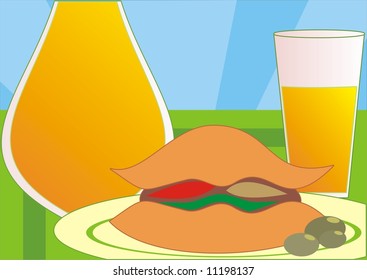 Sandwich on a plate with bottle and glass of juice. Everything on blue-green background