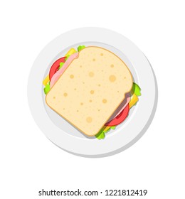 Sandwich on plate top view. Slice of bread with cheese, tomato, salad, ham. Template for web design, brochure printing, food presentation or menu. Vector illustration