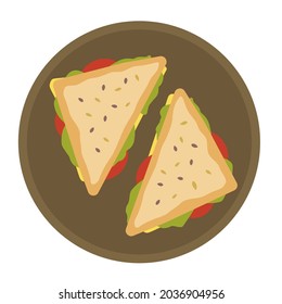 Sandwich on a plate vector illustration. Bread, seeds, cheese, tomatoes, green salad. Breakfast.