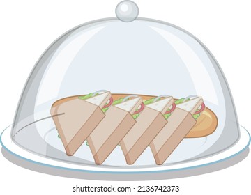 Sandwich on round plate with glass cover on white background illustration