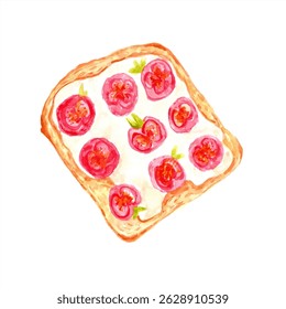 Sanduíche na torrada com tomates e ervas, e creme de queijo. Ilustração em aquarela de comida desenhada à mão. Desenho para cartazes, impressões em tecido, papel, menus. Comida, café da manhã, almoço, jantar, lanche