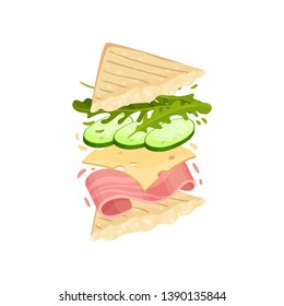 Sandwich on a triangular toast. Vector illustration on white background.