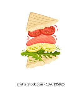 Sandwich on triangular toasts with red fish. Vector illustration on white background.