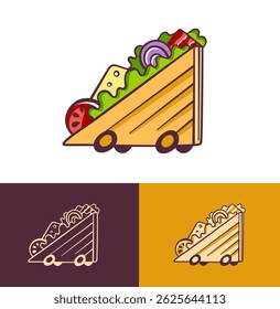 Sandwich on Wheels Logo. Cheeseburger with vegetables illustration. Good for delivery cafe, fast food restaurants, catering services