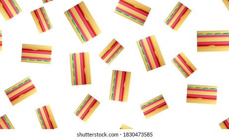 sandwich on white background, pattern, vector illustration. home and restaurant decor, stylish wallpaper. mouthwatering double sandwiches fly through the air. fast food.