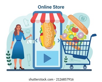Sandwich online service or platform. Toast with ham, turkey or bacon, cheese, salad and tomatoes. Delicious lunch snack. Online store. Flat vector illustration