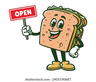 Sandwich with open sign board cartoon mascot illustration character vector clip art