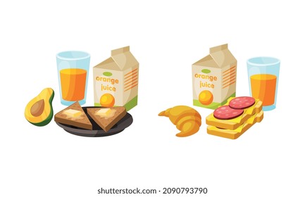 Sandwich and Orange Juice in Carton as Bite and Sup Vector Set