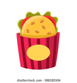 Sandwich In Paper Holder, Cinema And Movie Theatre Related Object Cartoon Colorful Vector Illustration