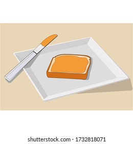 Sandwich mit Erdnussbutter. Brot auf dem Teller mit Messer und Erdnussbutter.
