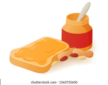 Sandwich With Peanut Butter On Bread. Fried Toast.Realistic Food Vector Illustration. Jar With Peanuts.