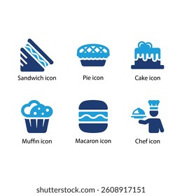 Sandwich, Pie, Cake, Muffin, Macaron, Chef, Blue Icon Set