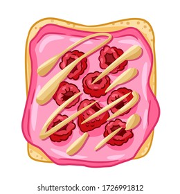 Sandwich with pink icing spread and raspberry doodle. Toast bread isolated icon on white background. Breakfast food. Flat style vector illustration. Media highlights symbol