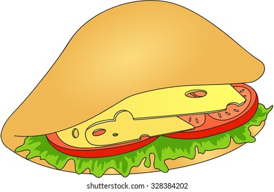 Sandwich. Pitta with cheese, tomato, meat and salad. Fast food. Vector illustration