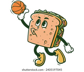 Sandwich playing slam dunk basketball cartoon mascot illustration character vector clip art