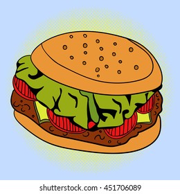 Sandwich Pop art vector illustration. Beautiful style comic. Hand-drawn burger