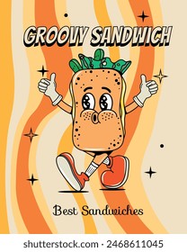 Sandwich-Poster im groovigen Stil. Speisen und Getränke. Schneller Snack. Y2k Elemente und Formen. Vektorgrafik. Isoliert. Comic und Charakter. Beine und Hände.  Cartoon-Illustration. Gehen. Retro Aufkleber. frisch 