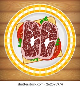 Sandwich with prosciutto on bright plate placed on wooden table. Breakfast sandwich. Vector image can be used for restaurant and cafe menu design, food posters, print cards and other crafts.