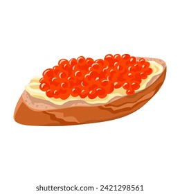 Sándwich con caviar rojo en pan y mantequilla aislada en blanco. Colores brillantes, estilo de dibujos animados. Vector clipart para delicadeza o vacaciones tradicionales de la cocina rusa ilustración, diseño gráfico, impresión.