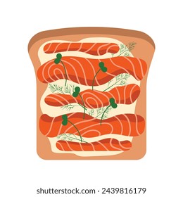 Sandwich with red fish butter, cream cheese and microgreens. Salmon trout butter and fresh bread. Healthy snack, open sandwich with pieces of fish top view. Food for breakfast. Vector food